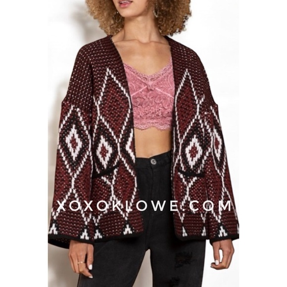 POL Burgundy Diamond Pattern Chunky Knit Cardi Relaxed Fit - Picture 9 of 13